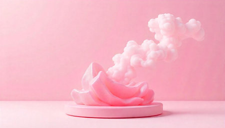 Pink floral shape with cloud on pedestal, monochrome style