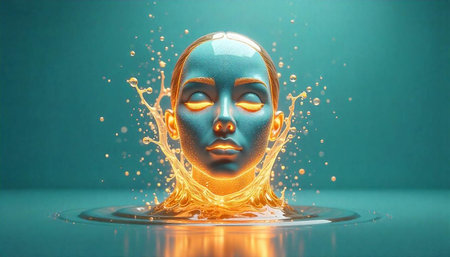 Woman's abstract face with water splash and golden light