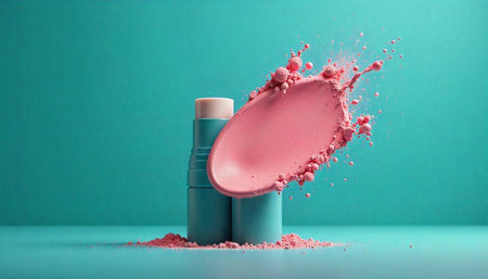 Pink Powder Bursting with Minimalist Balm Against Teal Backdrop