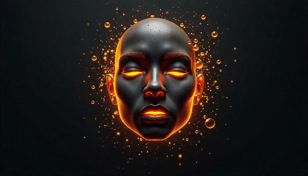 Abstract human face sculpture glowing in dark digital space