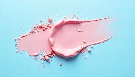 Abstract pink paint stroke and powder on blue background