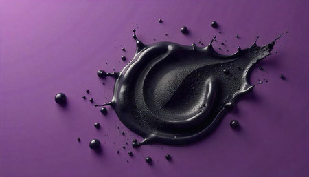 Glossy black fluid splash on a vibrant purple backdropの写真素材