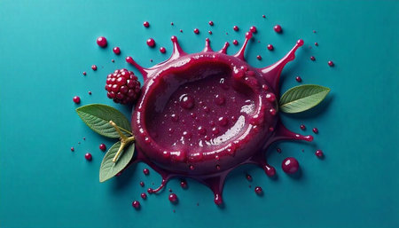 Fresh blackberry splash with juice and leaves on teal