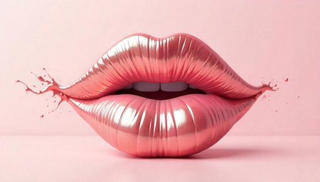 Metallic rose gold lips with splash effect on pink