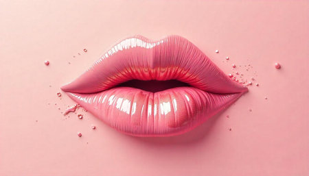 Glossy pink lips with pearls against a pink background