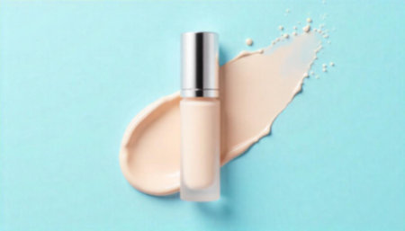 Foundation bottle with smear on soft blue background