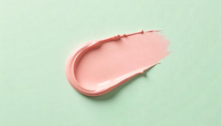 Pink cosmetic cream smear on a light green backgroundの写真素材