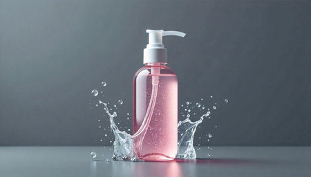 Pink sanitizer bottle with water splashes for product advertising