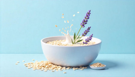 Healthy breakfast bowl with oats, milk and lavender sprig