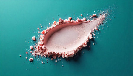 Elegant pink powder smear on teal background, beauty product