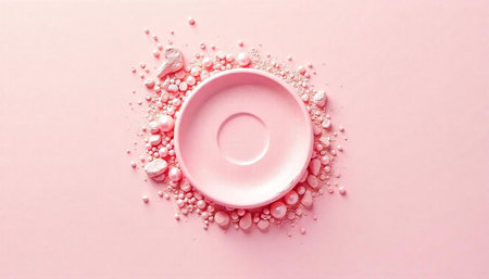 Pink plate centerpiece with pearls and pebble surround