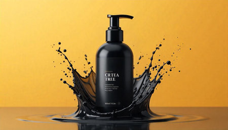 Black cosmetic bottle with liquid splash on gold background