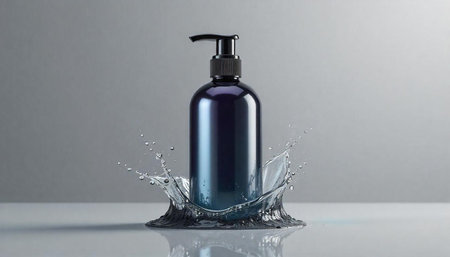 Elegant dispenser bottle surrounded by water splash on white