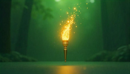 Glowing torch in dark forest illuminates magical particlesの写真素材