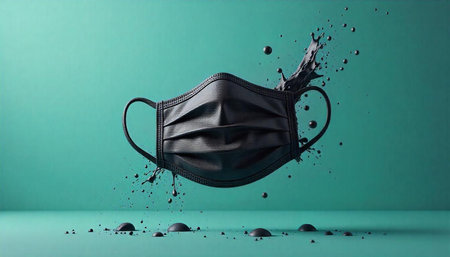 Floating black face mask with ink splash on teal