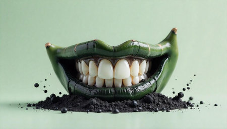 Green lips smile with teeth on a charcoal pile