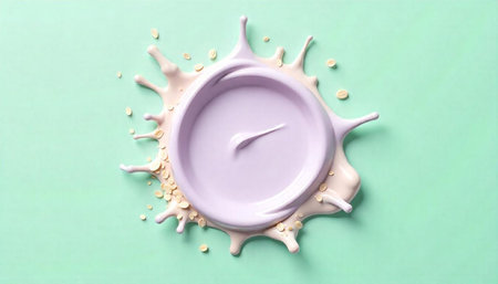 Creamy purple yogurt with oats against a green background