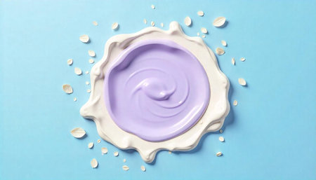 Lilac yogurt with oat flakes on a pastel background