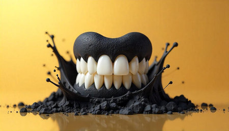 Dramatic black and white teeth sculpture with liquid splash