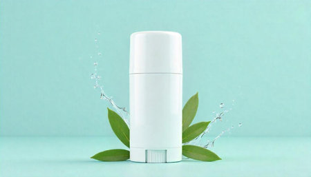Deodorant stick with water splash and green leaves