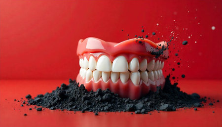 Dental prosthesis amidst black powder against a vibrant red background