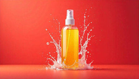 Yellow liquid spray bottle with water splash background