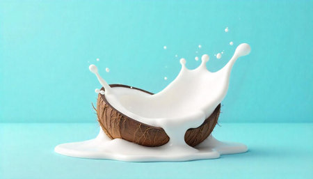 Coconut milk splash in halved coconut against turquoise background