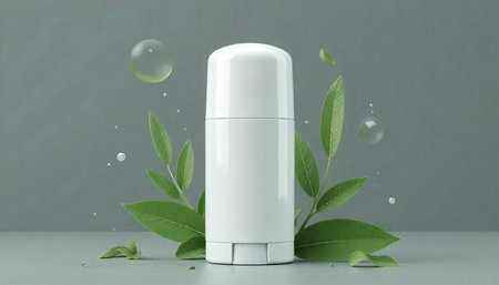White deodorant stick product shot with leaves and bubbles