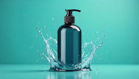 Dark bottle product with water splash on turquoise background