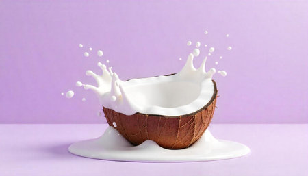 Coconut milk splash in half coconut, studio shot, lilac backgroundの写真素材