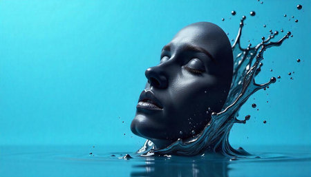 Serene face emerges from water in a soothing blueの写真素材