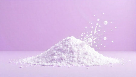 Heap of white powder on pastel lilac background