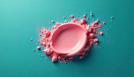 Pink cosmetic cream splash on turquoise background, beauty conceptの写真素材