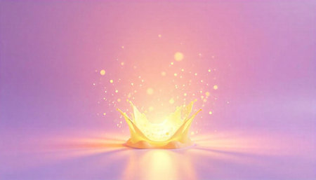 Yellow liquid splash with glowing particles on pastel background
