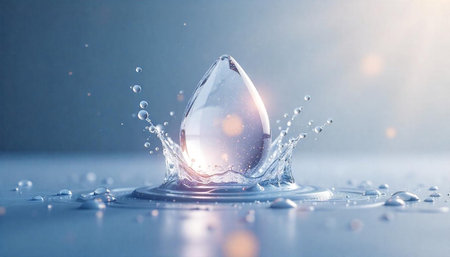 Clear water drop impacting surface causing splash ripple effect