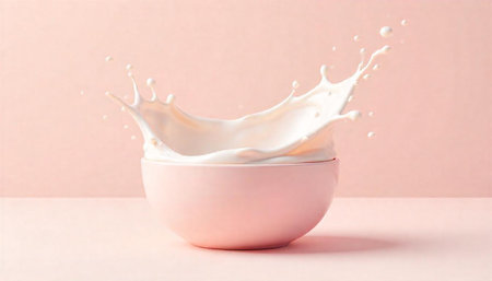Milk splashing out of a pink bowl on pinkの写真素材