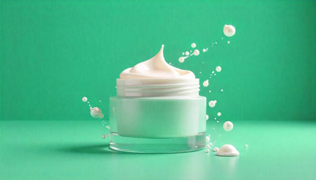 Moisturizing cream jar with pearl drops on light green