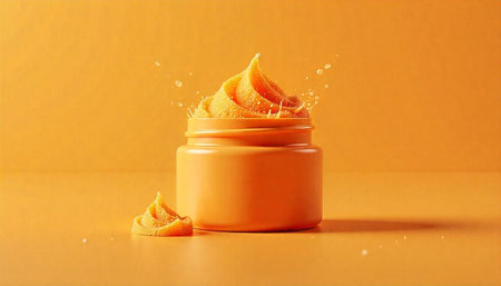 Orange cream overflowing jar in simple studio settingの写真素材