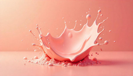 Pink liquid splash with sphere shaped drops on surfaceの写真素材