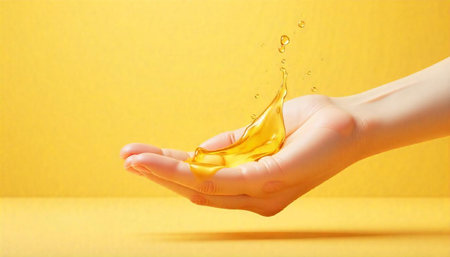 Hand catching splash of golden liquid on yellow background