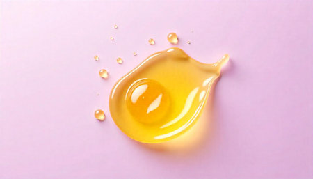 Golden serum with droplets against light purple backgroundの写真素材