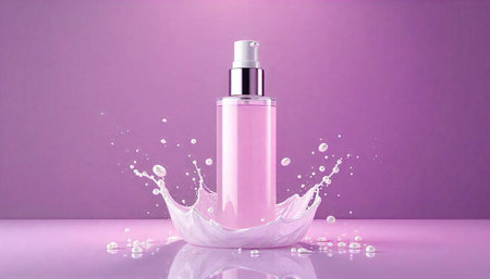 Elegant cosmetic bottle with splashing water on purple background