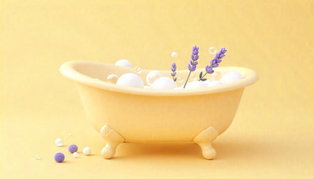 Pastel Bathtub with Lavender and Bubbles in a Studioの写真素材