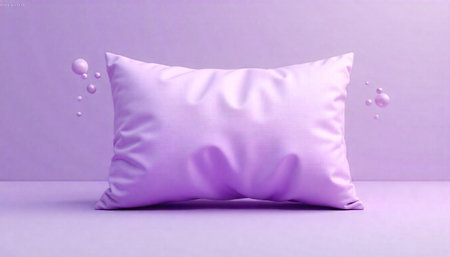 Aesthetic lavender pillow with floating spheres on solid backgroundの写真素材