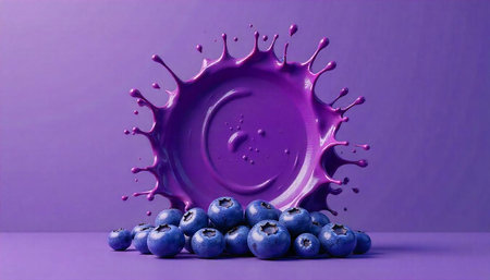 Blueberries with splash of purple liquid and monochromatic background