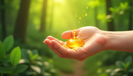 Golden elixir held in hand within a bright forest