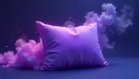 Elegant purple pillow amidst dreamy clouds on a cool surfaceの写真素材
