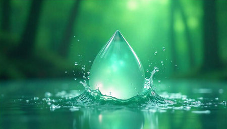 Water drop impacting surface creating splashes in green landscapeの写真素材