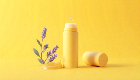 Yellow lip balm with lavender sprig on yellow backdropの写真素材