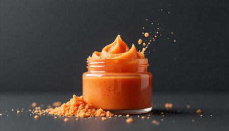 Orange cream in a jar on dark background still life